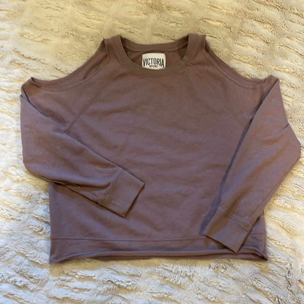 Victoria’s Secret sport cut out shoulder, crewneck sweatshirt, purple, size med.